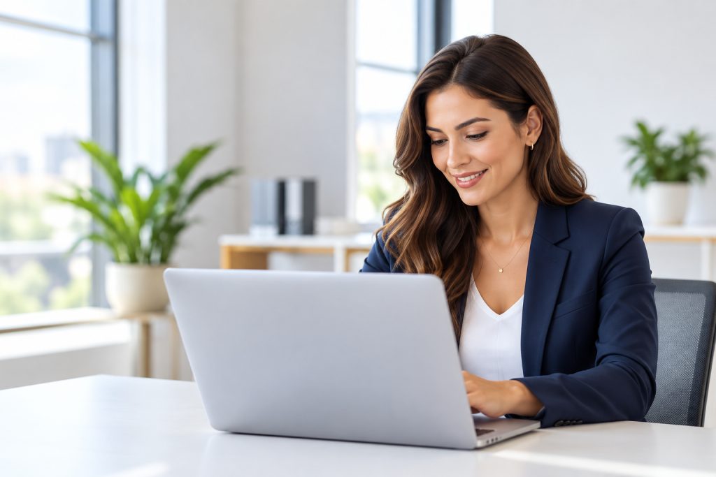 Profesional sonriente trabajando en una laptop