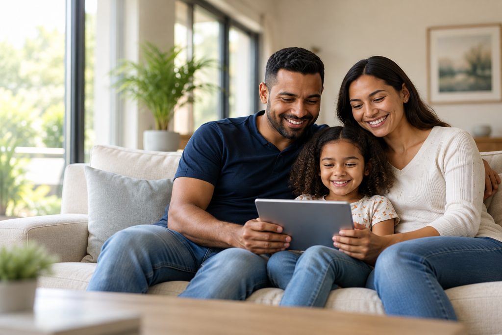 Familia sonriente usando una tableta en casa