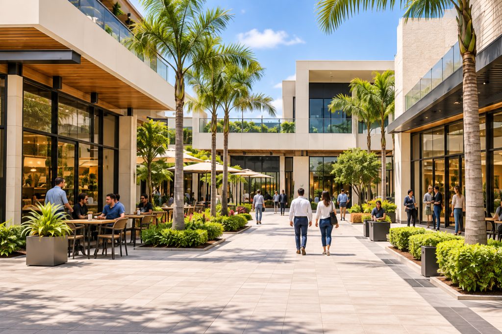 Plaza comercial con locales y visitantes