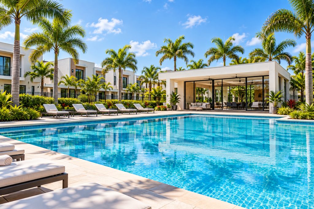 Residencial con piscina rodeada de palmeras