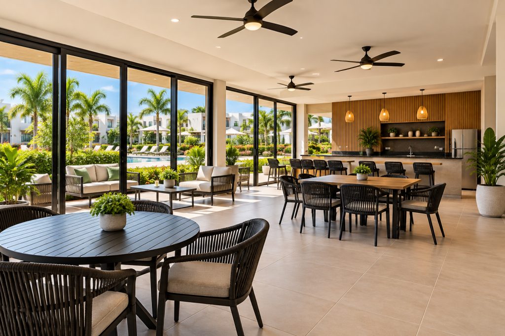 Salón moderno con mesa de reuniones