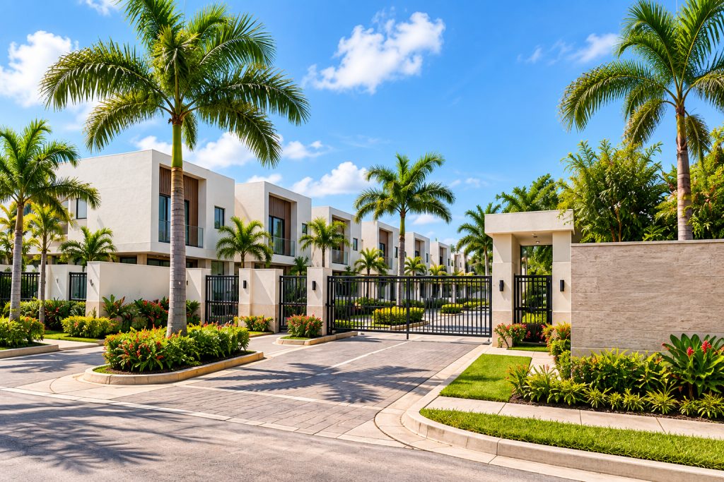 Vecinos conversando en la entrada de un residencial con jardines y palmeras
